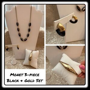 Monet set of gold & black necklace, post / hoop earrings and bangle bracelet